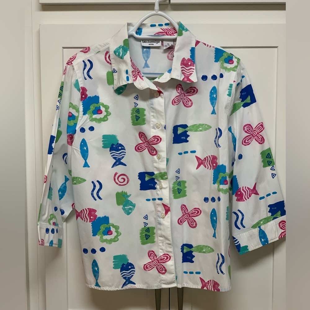 Breckenridge Woman Fish Floral 3/4 Sleeve 100% Cotton Shirt Blouse Plus Size PL